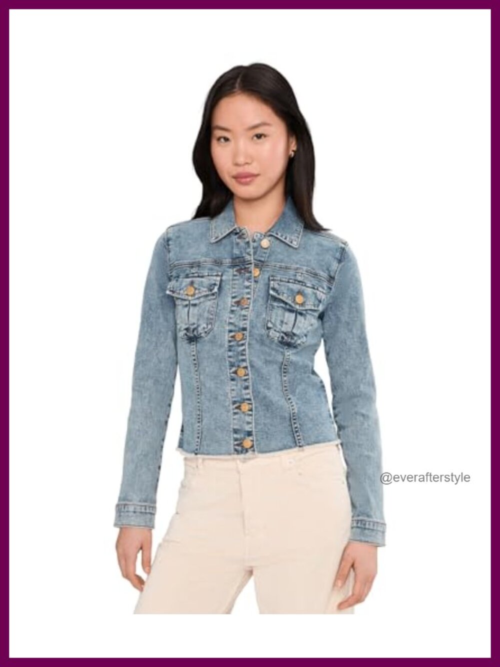 Stretch Cotton Denim Jacket Cropped Frayed Hem Button Front Casual